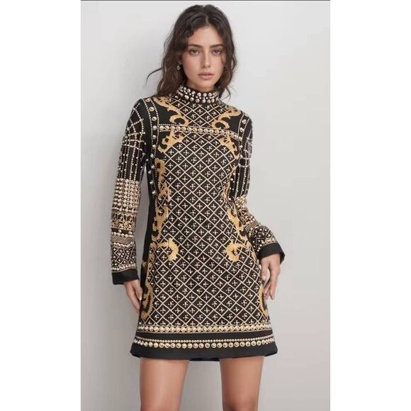 Women's fashion mock neck printed faux pearl beaded long sleeve size Large black - Picture 2 of 12